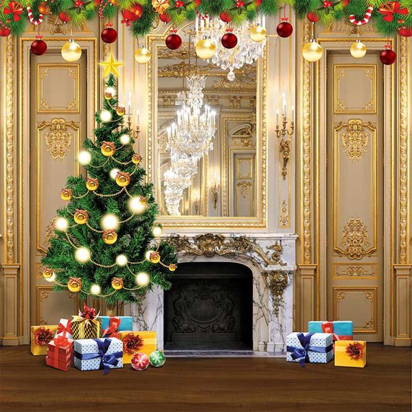 Merry Xmas Photo Backdrop Luxury Embed Wall Crystal Chandelier Albero di Natale stampato Palle rosse dorate Sfondo per bambini