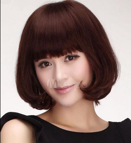 

fixsf644 health short straight bobo brown bangs fashion hair wigs for women wig, Black;brown