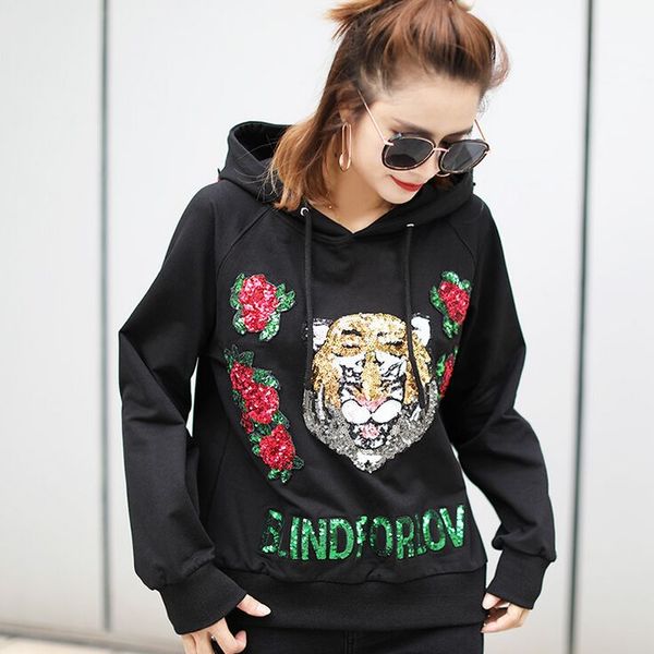 

autumn women's new coat tide brand hooded sweater animal embroidery sequined hooded shirt women's sweatshirt wholesale, Black