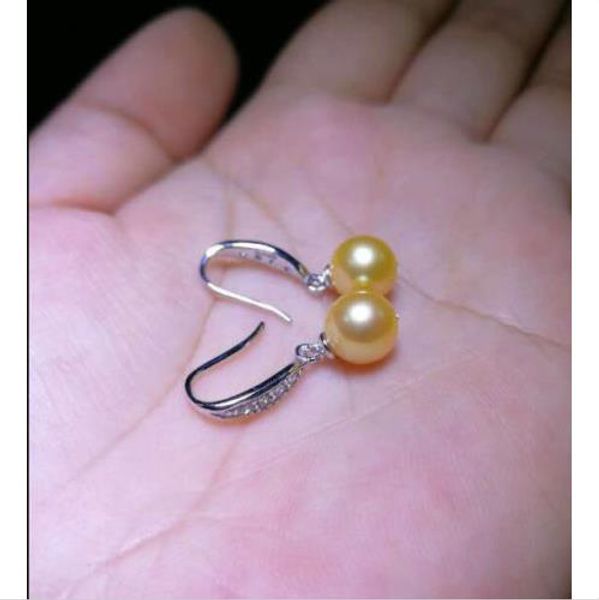 

8-9mm natural round golden australia south sea pearl dangle earring silver hook