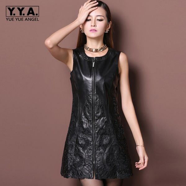 

brand new women floral embroidery dress zipper sleeveless mini a line party vestidos slim office lady genuine leather robe, White;black