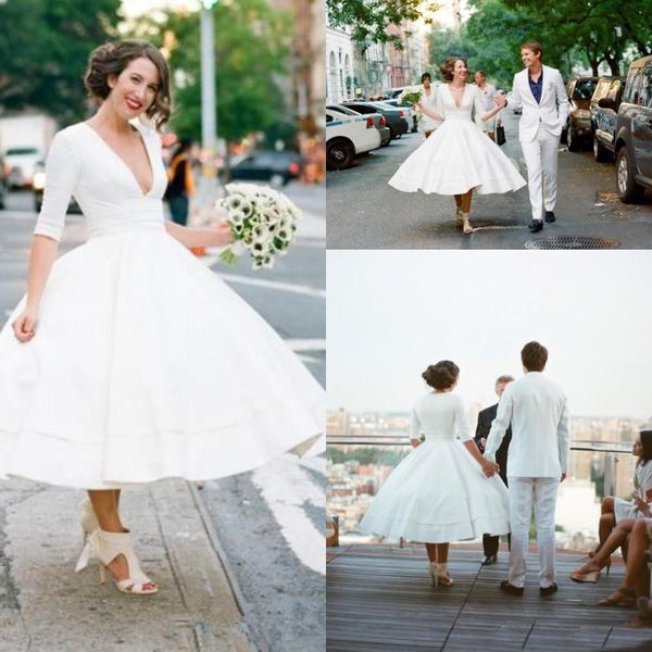 

vintage Tea Length 50s Short Wedding Dresses With Sleeves V Neck Sexy Vintage 1950s Informal Dresses country gardenReception Bridal Gowns