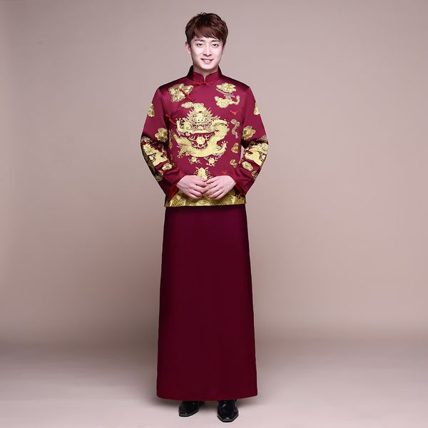 

male red cheongsam toast costumes grooms dress jacket long gown traditional chinese style wedding qipao men embroidery tang suit