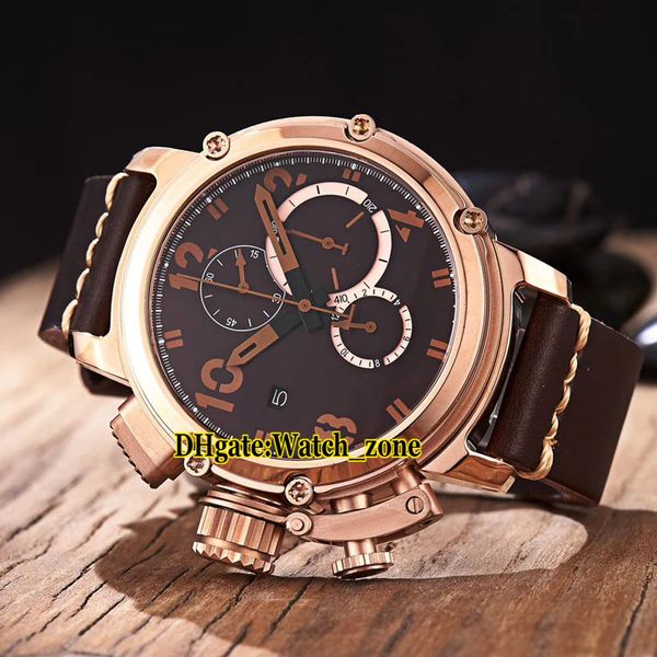 

new u-51 46mm chimera bronze 7474 brown dial quartz chronograph mens watch rose gold case leather strap gents sport watches, Slivery;brown