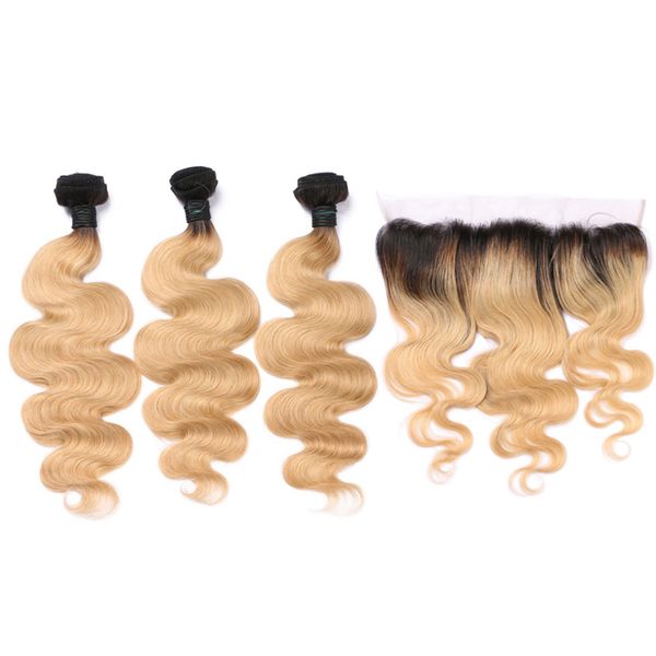 

3pcs human hair bundles with 13*4 ear to ear lace frontal remy human hair ombre 1b27 honey blonde brazilian hair wefts, Black;brown