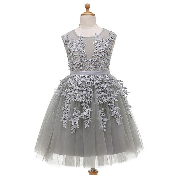 

silver gray a line flower girl dresses cupcake new sash toddler floor length wedding party gowns sheer appliques baby fashion real picture, White;blue