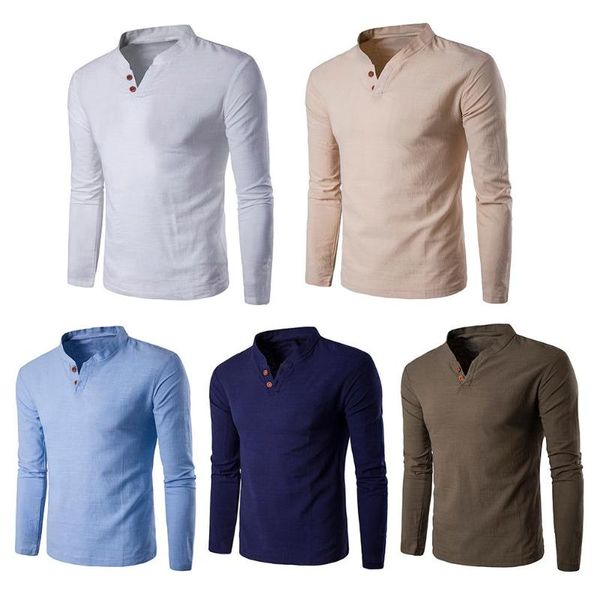 

men fashion solid color cotton linen stand collar pullover shirts, White;black