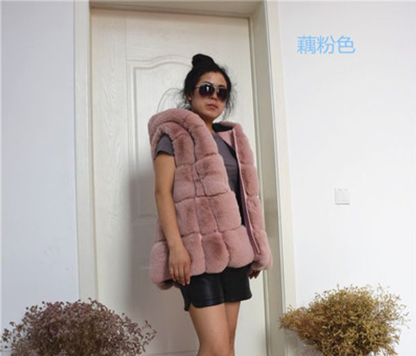 

women medium long rabbit fur coat with hood, Black