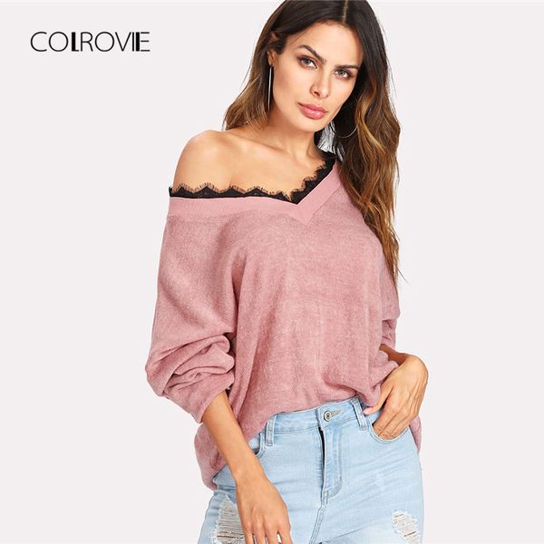 

colrovie pink solid eyelash lace knitted sweater 2018 autumn v neck soft grey casual women jumper pullovers loose winter sweater, White;black