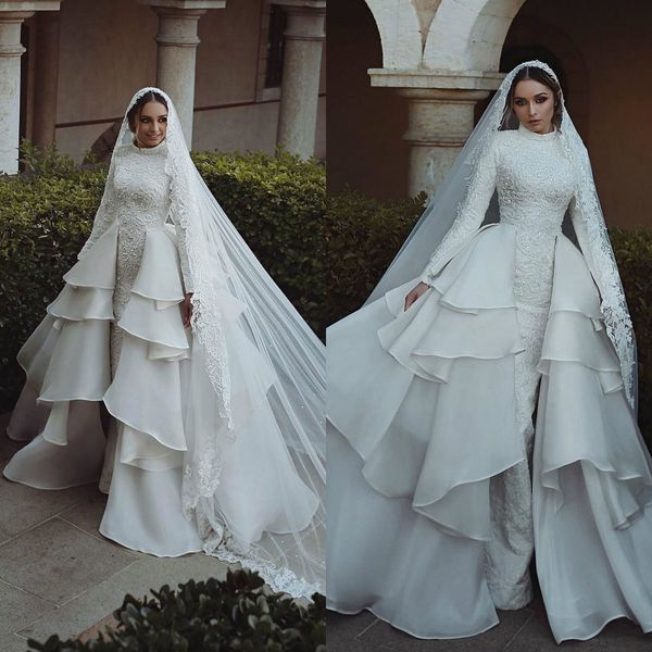 

2018 new arrival muslim wedding dress high collar lace appliqued sequins long sleeve bridal gowns with removable overskirt, White