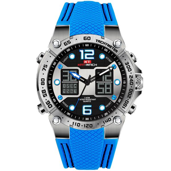 

kat-wach dropshipping 2018 sports watch men big dual time led display watch face quality and diver, Slivery;brown