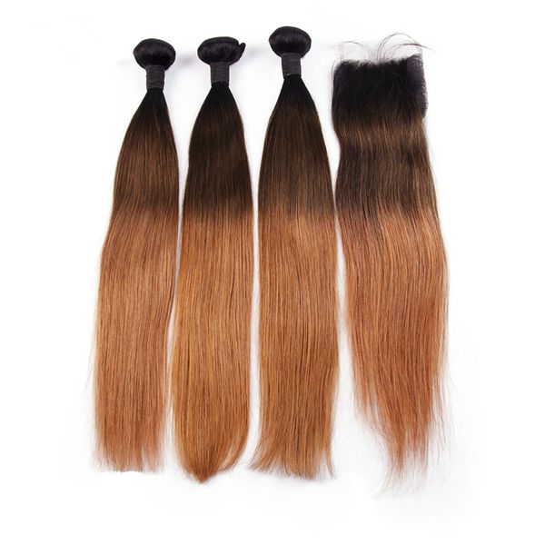 

3 tone ombre straight human hair bundles with closure 1b/4/30 brazilian hair bundles with 4*4 lace closure remy hair, Black;brown