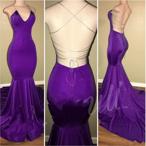 

2018 New Fashion Sexy Purple Halter Neck Mermaid Prom Dresses Cheap Simple Backless Court Train Evening Party Gowns Women Gown Custom Made, Black