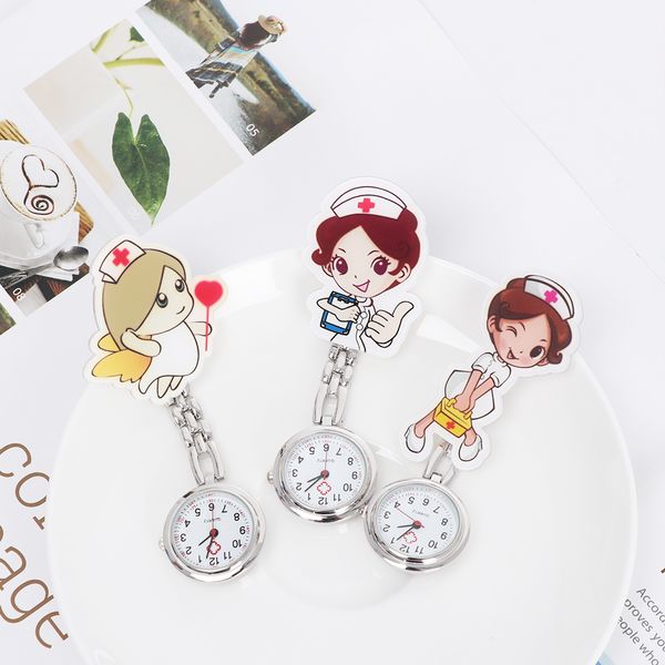 

10 styles cute cartoon girl clip nurse doctor pendant pocket watch quartz red cross brooch nurses movement pocket watch, Slivery;brown