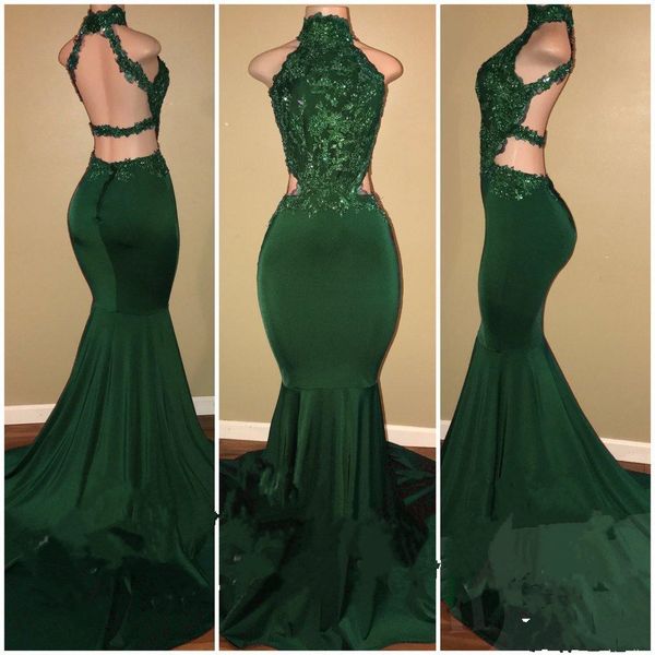 

2018 hunter green high neck lace applique mermaid prom dresses beaded sleeveles backless formal floor length party evening dress gowns, Black