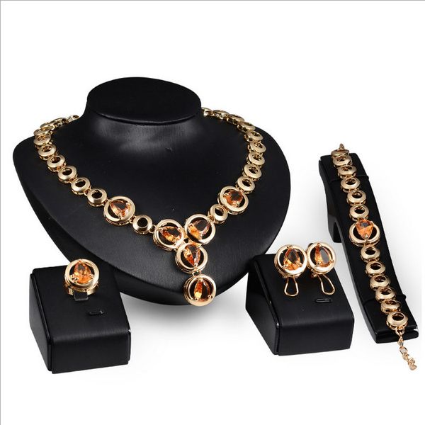 

party jewelry set luxury fashion women water drop style rhinestone 18k golde plated alloy circles 4-piece set wedding jewelry, Slivery;golden