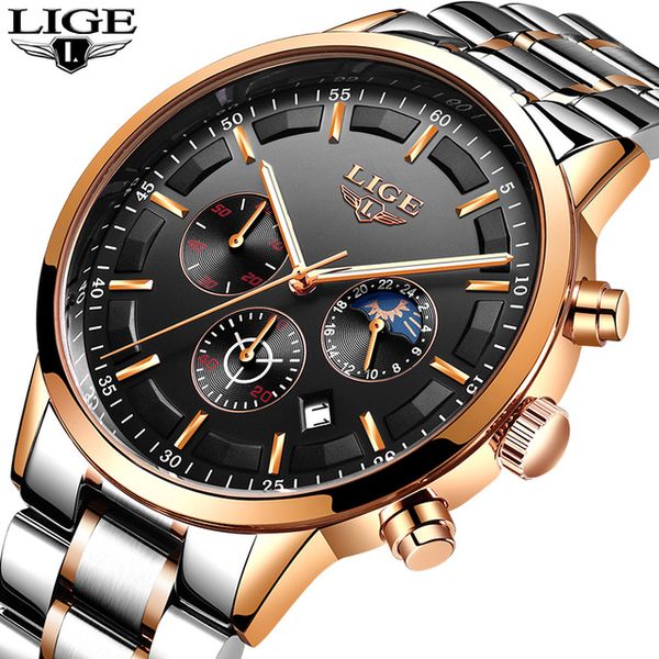

lige fashion men watch 2018 brand quartz men wristwatch wrist full steel chronograph waterproof male clock relogio masculino+box, Slivery;brown