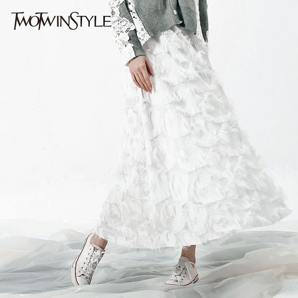 

twotwinstyle long skirt women tassel print large size elastic high waist a line skirts spring female fashion casual clothing, Black