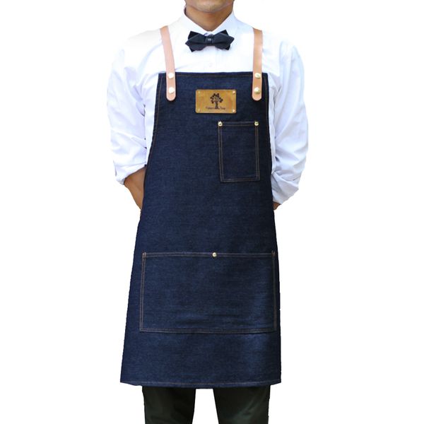 

2018 simple bib denim cowboy shoulders leather straps apron for women men pockets kitchen barber cooking waitress print logo bbq