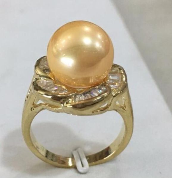 

new lady's gp inlay crystal flower shape 12mm yellow shell pearl fashion ring, Silver
