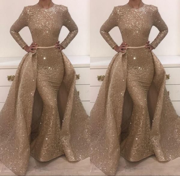 

Sparkle champagne equin prom dre e with detachable train mermaid 2018 illu ion long leeve celebrity formal wear gown event dre e