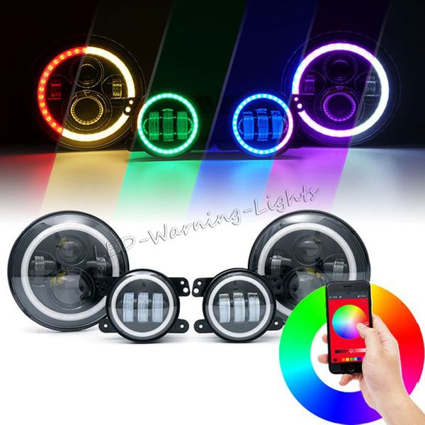 

30w led fog light + headlight with rgb halo ring bluetooth remote sync with music for wrangler tj jk automotive offroad