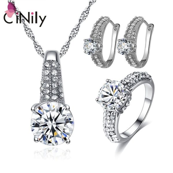 

cinily created white stone silver plated wholesale round for women jewelry ring pendant necklace stud earrings jewelry set nt289