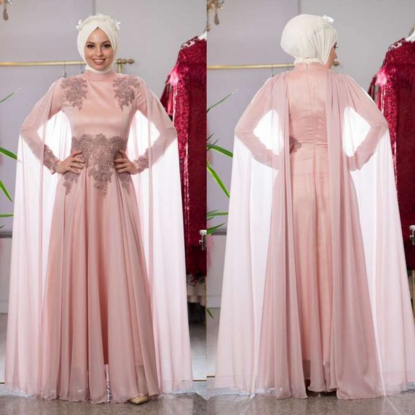 

muslim pink a line evening dresses with cape high neck long sleeve prom dress lace appliqued formal party gowns plus size, Black;red