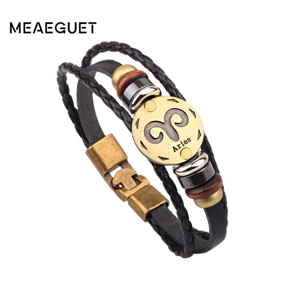 

meaeguet bronze alloy buckles zodiac aries bracelet punk leather bracelet wooden bead black hematite charm men women jewelry, Golden;silver