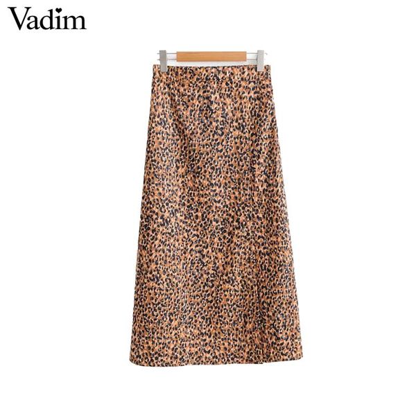 

vadim women leopard print midi skirt faldas mujer elastic waist split side zipper female ins chic casual mid calf skirts ba238, Black