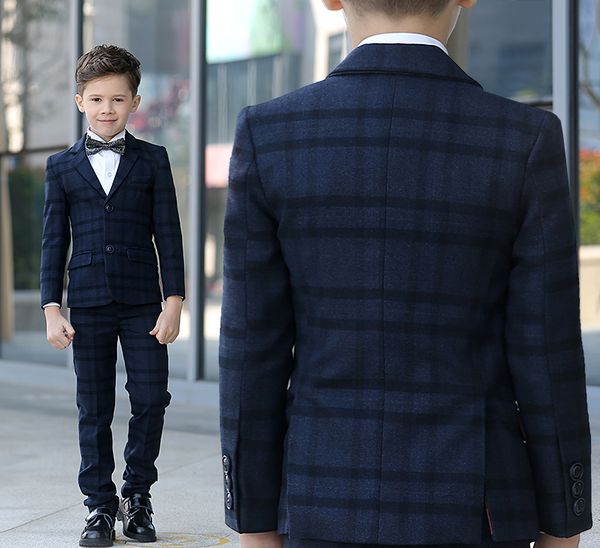 Moda de Alta Qualidade Inverno Menino Terno desgaste Roupas de Lã Grossa Xadrez Damier Cheque Quatro E Cinco Peças Para As Crianças da Festa de Casamento