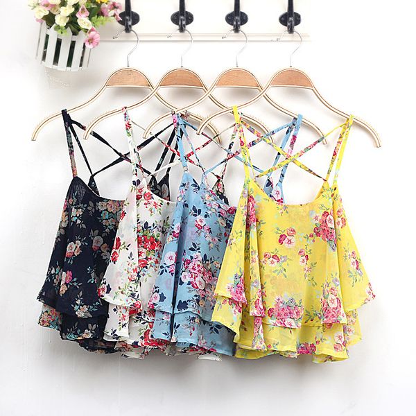

2018 women summer strap floral print chiffon blouse retro floral cross-shoulder shirts sleeveless t, White