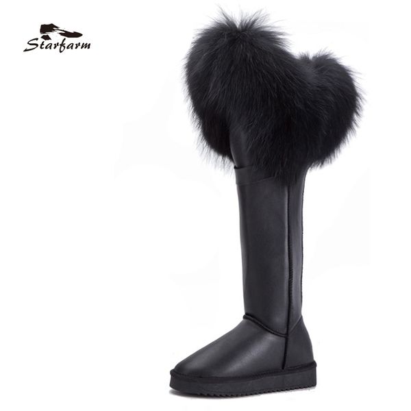 

starfarm shoes women winter snow boots genuine leather ladies real fur boots knee high flat wedge cow suede woman, Black