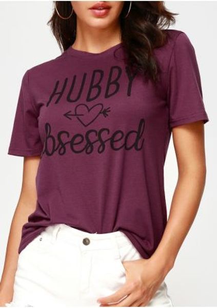 

women fashion t-shirt hubby obsessed heart arrow plus size t shirt polyester o-neck female tee lady clothes tshirt, White