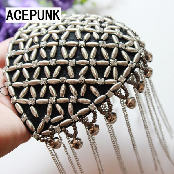 

punk retro wild exaggeration rivet fringed eets brooch with bells nightclub shoulder mark metal tassel badges eette, Gray