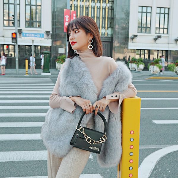 

2019 autumn and winter new chic korean imitation fur vest long sleeveless vest faux fur coat, Black