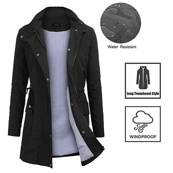 

waterproof trench coat for women clothes autumn casual button pocket long sleeve hooded solid color zipper slim long coat, Tan;black