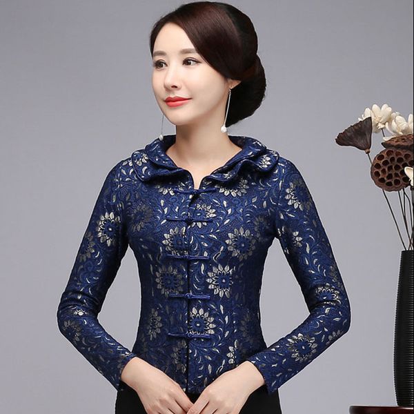 

oversized s-4xl navy blue chinese ethnic women shirt slim 2018 new ruffles collar blouse casual flower lace tang clothing, White