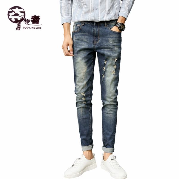 

men's jeans 2018 new hole jeans men stretch slim denim fashion casual, Blue