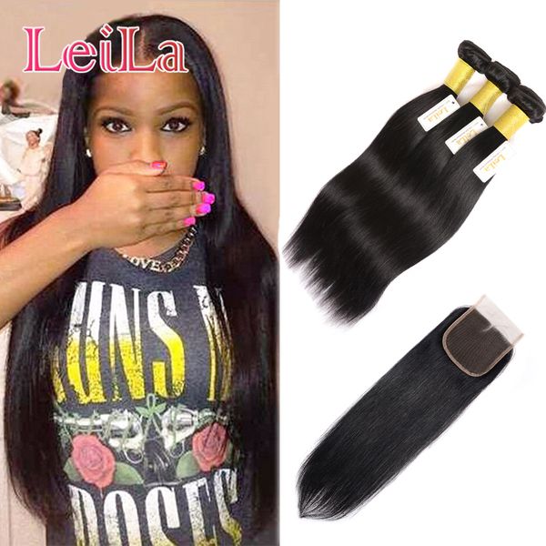

peruvian straight hair bundles with closure 4pieces human hair with lace closure 100% unprocessed straight hair weaves with 4 x 4 closure, Black;brown