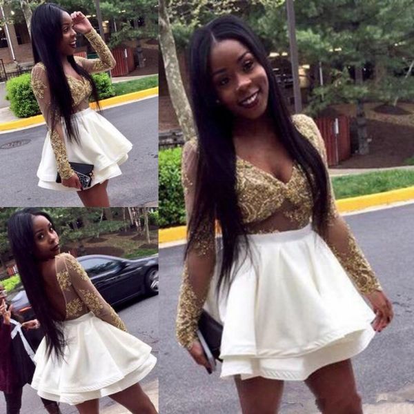 Sexy V Neck Cocktail Dresses 2019 African Sheer Long Sleeves Gold