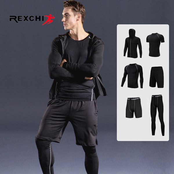 

6 pcs/set men sports suit compression underwear outdoor running jogging clothes t shirt pants gym fitness workout tights costume, Black;blue