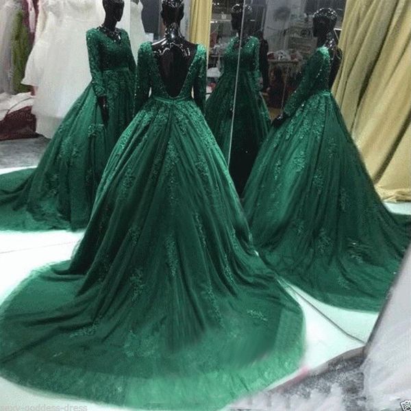 

2019 vintage dark green wedding dresses v neck long sleeves backless lace appliques colorful bridal gowns with train and sash, White