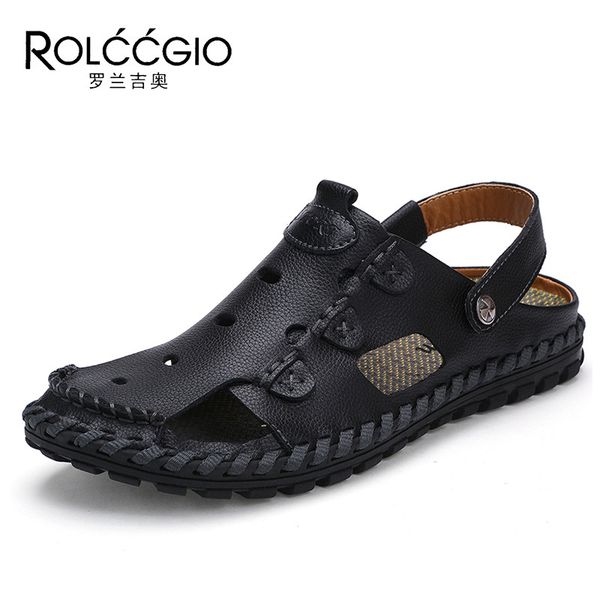 

beach shoes genuine cow leather casual sandals men shoes fashion summer men rubber sole beach hollowed out sandals, Black
