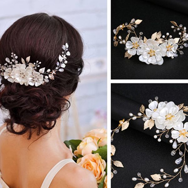 

stylish wedding headband flower pearls bridal headpieces headwear hair accessory headdress for prom wedding birthday party, Golden;white