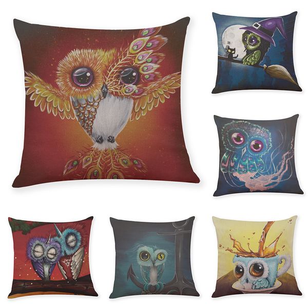 Cartoon Owl Linen Cushion Covers Home Office Sofa Square Pillow