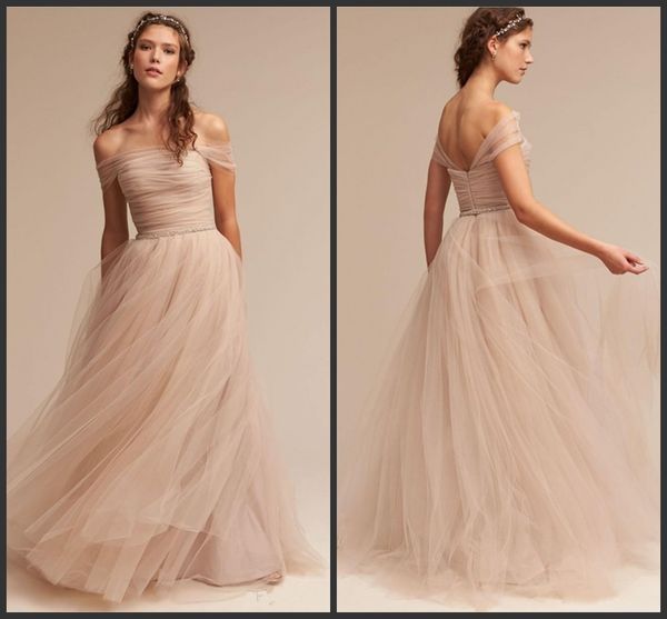 

2019 New Sexy Vintage Nude BHLDN Wedding Dresses Off The Shoulder Delicate Sash Bridal Gowns Floor Length A Line Boho Tulle Wedding Gowns