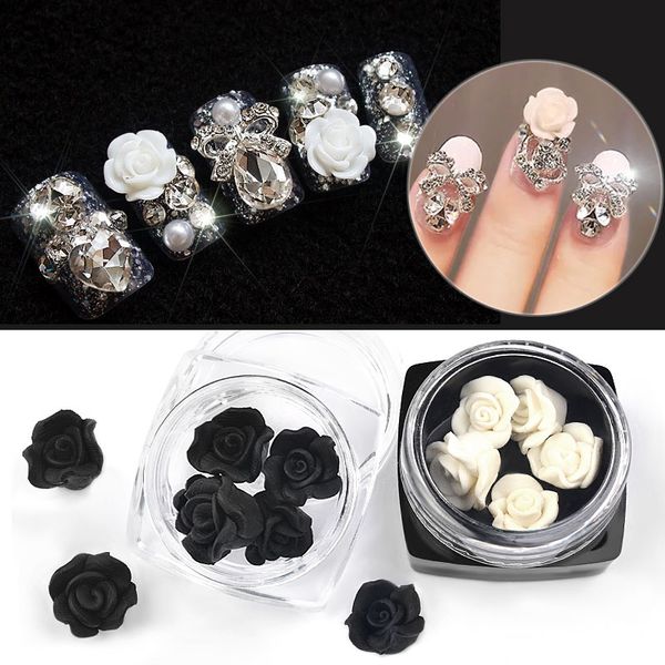 

5pcs / box black white rose rhinestone nail art decorations 3d petal relief sculpture flowers charm beauty manicure accessories, Silver;gold