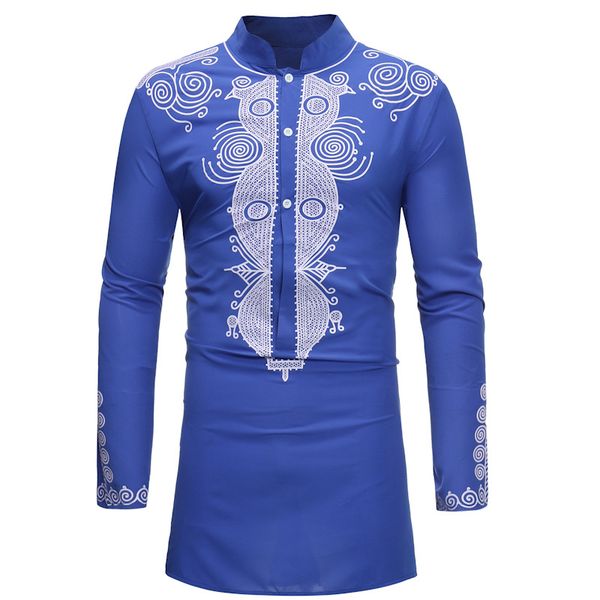 

fashion popular african style printing men's casual large size long section long sleeve small stand collar shirt blue shirt wild, White;black