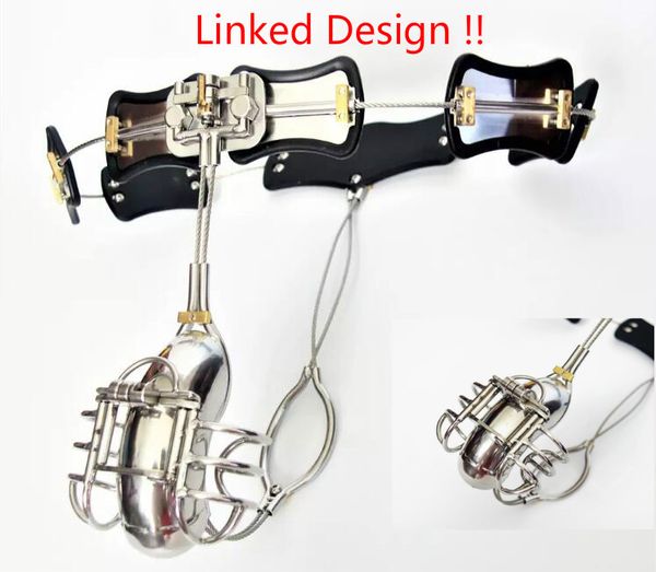 Dispositivi di castità maschile di design collegato Cintura di castità regolabile in acciaio inossidabile curva con gabbia di avvolgimento completamente chiusa BDSM Sex Toy